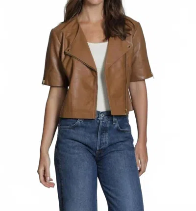 11 Uptown Collarless Short Sleeve Leather Moto Jacket In Mocha In Brown