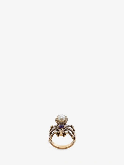 Alexander Mcqueen Embellished Spider Ring In Antique Gold