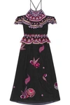 TEMPERLEY LONDON WOMAN WILDFLOWER COLD-SHOULDER EMBROIDERED COTTON AND SILK-BLEND MIDI DRESS BLACK,GB 2526016082314585