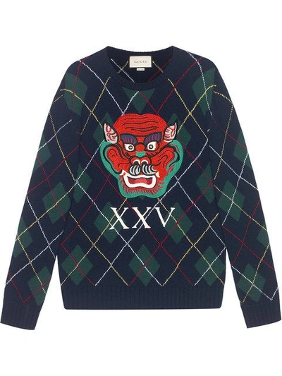 Gucci Argyle Wool Jumper With Appliqués In Blue