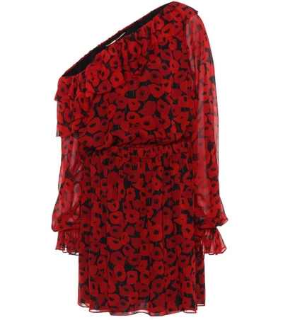 Saint Laurent One-shoulder Floral-print Silk-georgette Mini Dress In Red