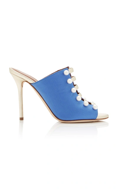 Malone Souliers Zada Blue And Platinum Satin High Heel Mules
