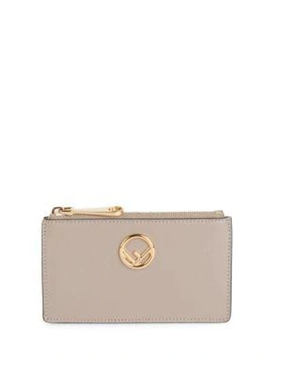Fendi Leather Coin And Card Case With F Logo In Taupe