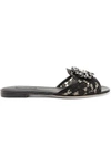 DOLCE & GABBANA EMBELLISHED CORDED LACE AND LIZARD-EFFECT LEATHER SLIDES