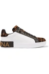 DOLCE & GABBANA LOGO-EMBELLISHED LEATHER AND LEOPARD-PRINT CALF HAIR SNEAKERS