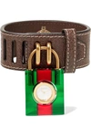 GUCCI Textured-leather, Plexiglas, mother-of-pearl and gold-plated watch
