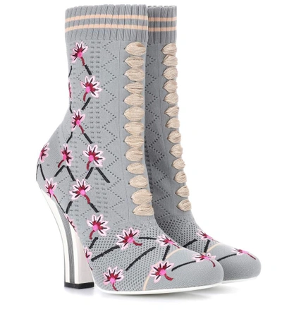 Fendi Floral-embroidered Striped-heel Sock Boots In Gris Orseto+multicol