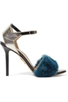 CHARLOTTE OLYMPIA WOMAN CAPELLA SHEARLING AND METALLIC TEXTURED-LEATHER SANDALS PETROL,US 1071994536780771