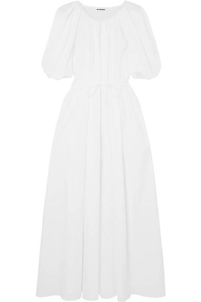 Jil Sander Scoop-neck Puff-sleeve Belted Full-skirt Cotton Dress In White