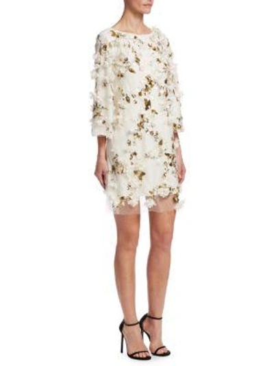 Marchesa Notte Embellished 3d Floral Sequin Tunic Cocktail Dress In Ivory