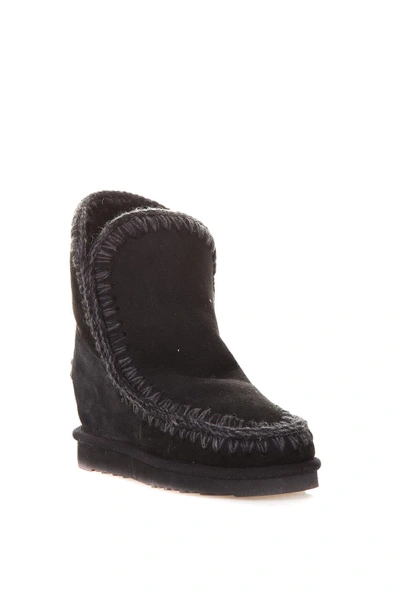 Mou 70mm Short Eskimo Shearling Wedge Boots In Black
