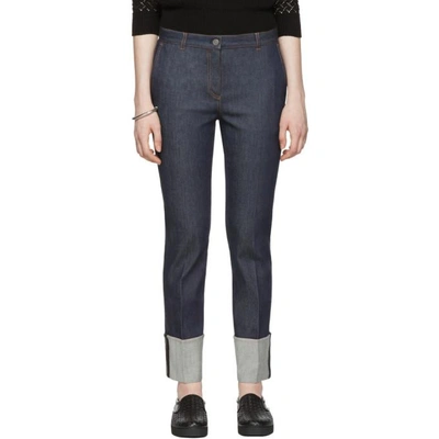 Bottega Veneta Leather-trimmed Cropped High-rise Straight-leg Jeans In Mid Denim
