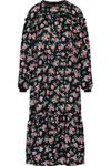 MOTHER OF PEARL WOMAN CLAUDINE RUFFLE-TRIMMED FLORAL-PRINT SILK-CREPE MIDI DRESS MIDNIGHT BLUE,US 110842751688501