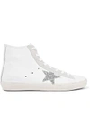 GOLDEN GOOSE WOMAN SWAROVSKI CRYSTAL-EMBELLISHED LEATHER HIGH-TOP SNEAKERS WHITE,US 4772211932012687