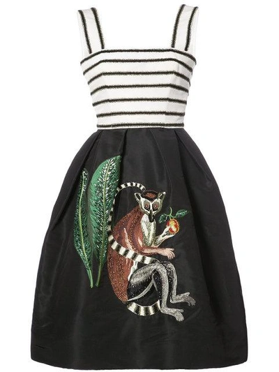 Oscar De La Renta Beaded Striped Top With "monkey" Embroidered Skirt Cocktail Dress In White Black