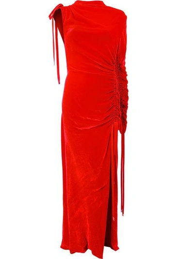 Monse Ruched High-neck One-sleeve Velvet Gown In Red