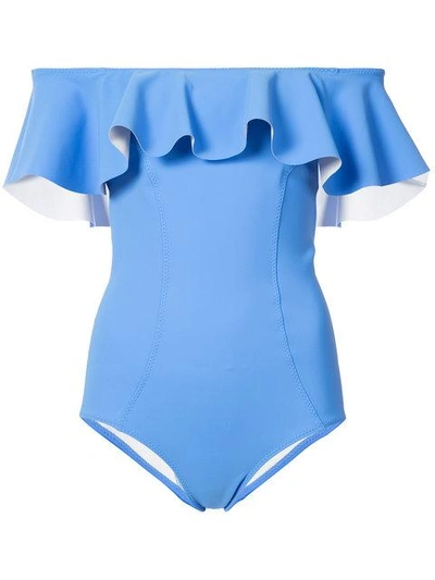 Lisa Marie Fernandez Mira Flounce Off-the-shoulder One-piece Maillot In Blue