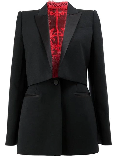 Alexander Mcqueen Long-sleeve Wool-silk Cocktail Jacket With Lace Inset In Black