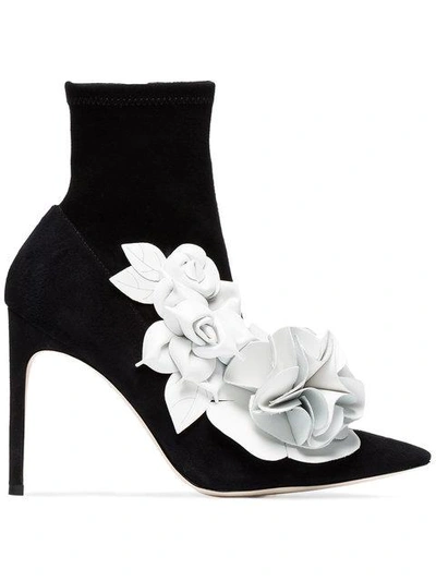 Sophia Webster Jumbo Lilico Floral-appliquéd Leather And Suede Ankle Boots In Black
