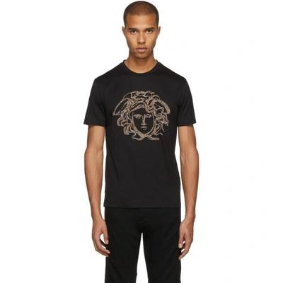 Versace Medusa Crystal Stud Embellished Cotton T Shirt In Black