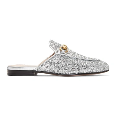 Gucci Silver Glitter Princetown Slippers In Argento/argento