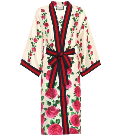 Gucci Rose Garden Print Silk Kimono In Pink & Purple
