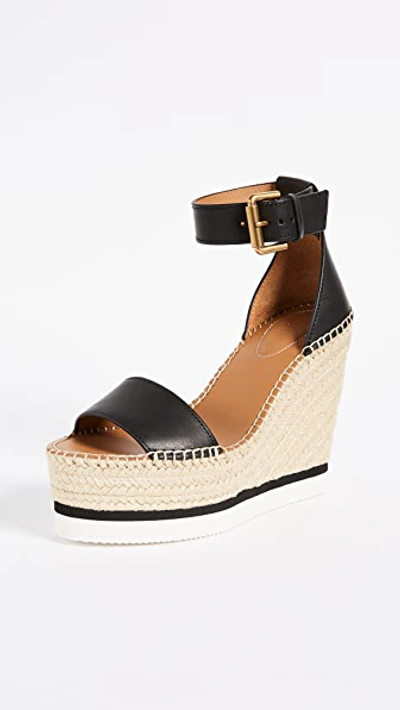 See By Chloé Glyn Leather Wedge Espadrille Sandals In Black