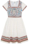 ALICE AND OLIVIA WOMAN EMBROIDERED COTTON-BLEND AND LACE PANELED DRESS OFF-WHITE,US 1914431941058330