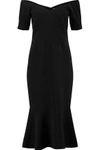 CINQ À SEPT WOMAN MARTA OFF-THE-SHOULDER FLUTED CREPE MIDI DRESS BLACK,AU 4772211933333186