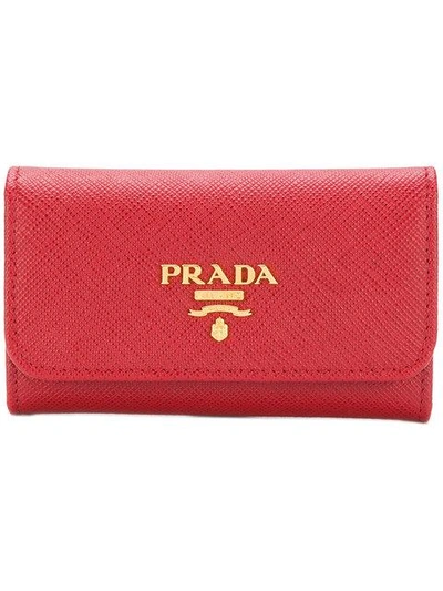 Prada Logo Plaque Key Case In Red