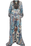 ROBERTO CAVALLI Lace-up bead-embellished printed silk-georgette maxi dress,US 4772211931297381