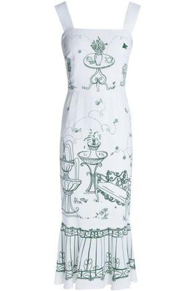 Dolce & Gabbana Fluted Printed Crepe Midi Dress In White