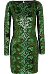 ROBERTO CAVALLI WOMAN CUTOUT SEQUINED SILK-CHIFFON MINI DRESS GREEN,AU 4772211931190711