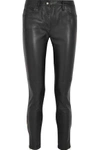 VERSACE WOMAN LEATHER AND STRETCH-JERSEY MID-RISE SKINNY JEANS BLACK,AU 4772211933607242