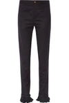 MAGGIE MARILYN WOMAN DON'T FRILL WITH ME RUFFLE-TRIMMED PINSTRIPED WOOL SKINNY PANTS MIDNIGHT BLUE,US 4772211933315528