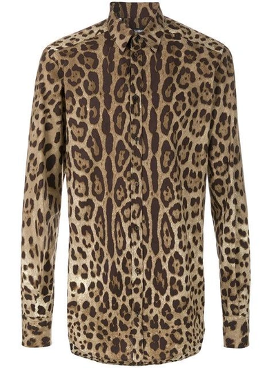 Dolce & Gabbana Cotton Martini-fit Shirt With Leopard Print In Animal Print