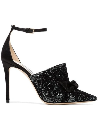 Jimmy Choo Temple 100 Glitter Devoré And Satin Pointed Courts In Black