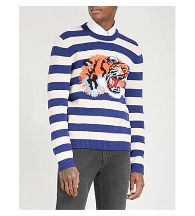 $1500 GUCCI Tiger Intarsia Blue & White Striped Wool Sweater Size Large EUC