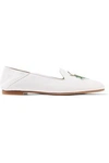 AQUAZZURA WOMAN EMBROIDERED LEATHER-TRIMMED RAFFIA SLIPPERS WHITE,US 2526016082865064