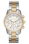 Michael Kors Women's Ritz Two-tone Stainless Steel Chronograph Bracelet Watch In Silver/ White/ Gold