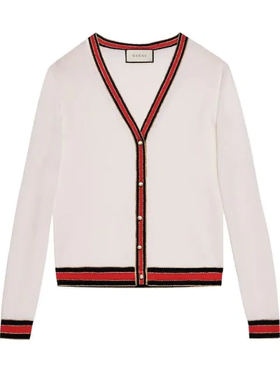 Gucci Striped Wool Blend-trimmed Wool Cardigan In White