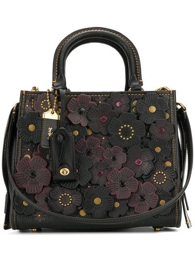 Coach Rogue 25 In Glovetanned Pebble Leather With Tea Roses In : Black Copper/black Pink