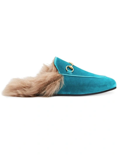 Gucci Turquoise Princetown Velvet Fur Lined Mules In Blue