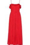 ADAM LIPPES WOMAN RUFFLE-TRIMMED PLEATED CHIFFON MAXI DRESS RED,US 1914431940460911