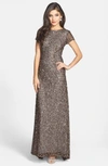 Adrianna Papell Short Sleeve Sequin Mesh Gown In Lead