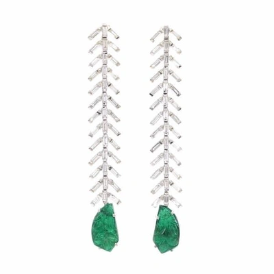 Ri Noor Baguette Diamond & Carved Emerald Earrings