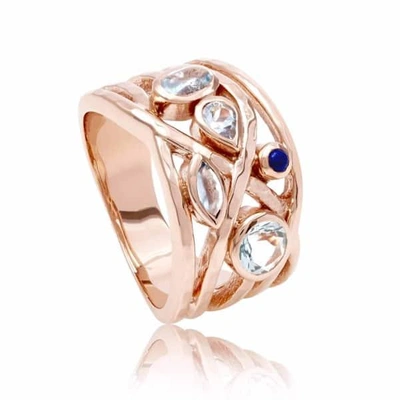 Neola Rose Gold Cocktail Ring With Aquamarine, Blue Topaz & Lapis Lazuli Liana