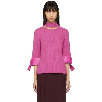 Fendi Cut Out High Neck Sweater With Faux Fur Cuffs In Glamour Pink