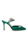 Manolo Blahnik Lurum 90 Satin Crystal-embellished Mules In Green