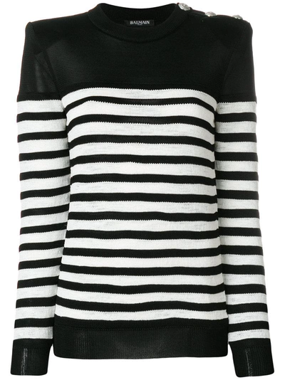 Balmain Button-embellished Striped Open-knit Sweater In Black